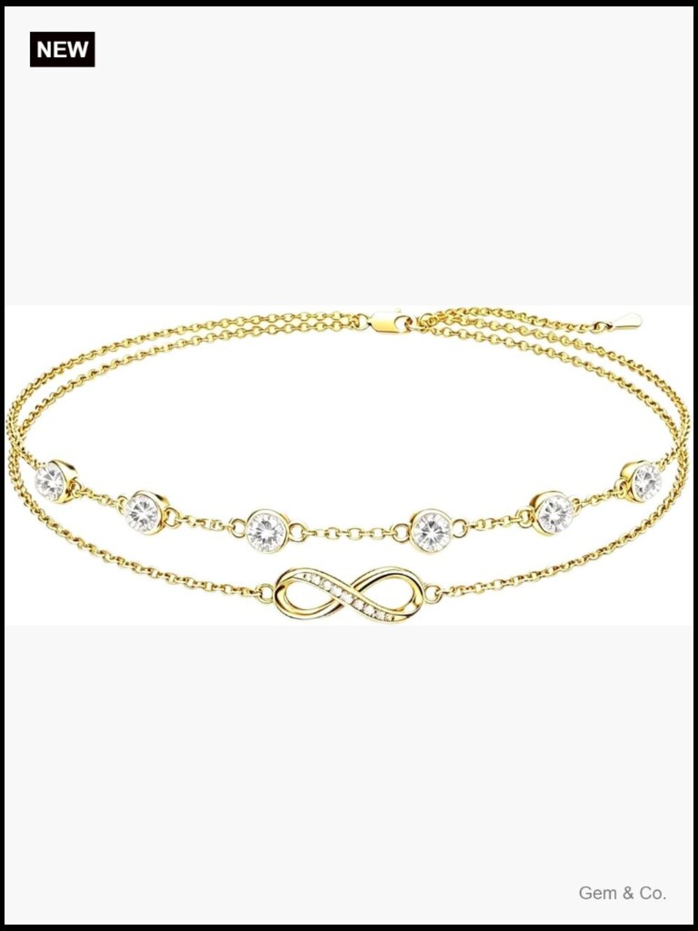 18K Yellow Gold Anklet Double Layer Gemstone Birthstone Chain